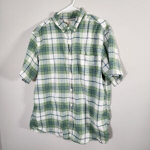 Weatherproof Vintage Shirt Mens XL Washable Linen Plaid Short Sleeve Button
